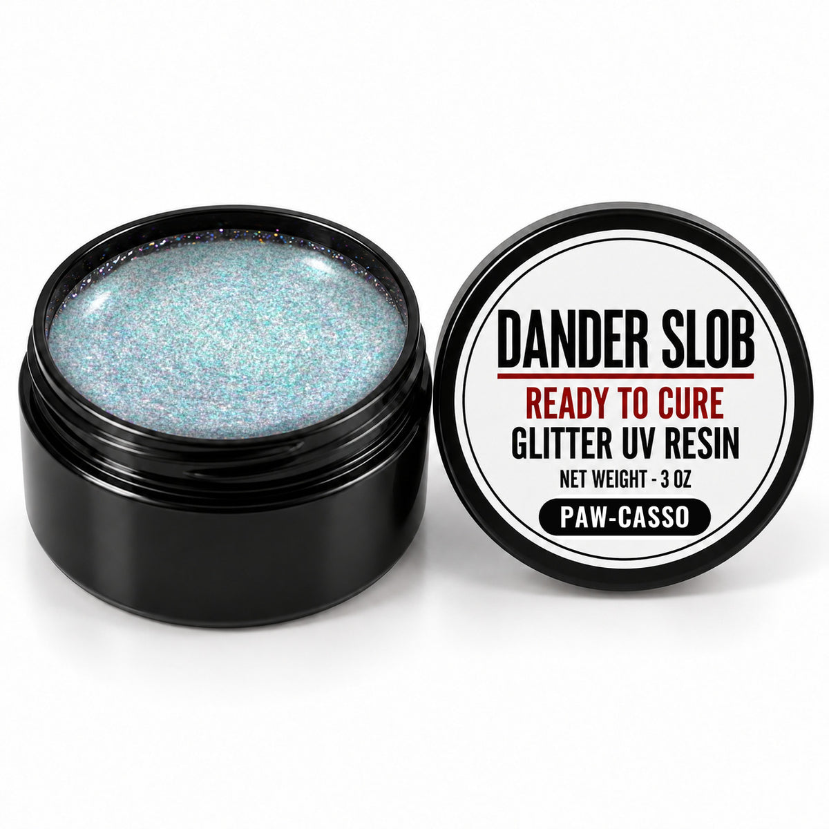 Craft Bully Dander Slob Paw-casso glitter UV resin in a 3 oz black jar.