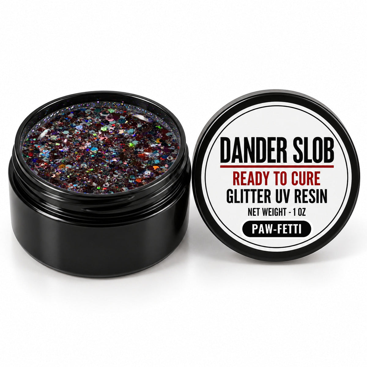 Craft Bully Dander Slob Paw-fetti glitter UV resin in a 1 oz black jar.