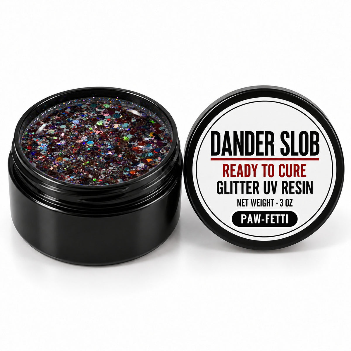 Craft Bully Dander Slob Paw-fetti glitter UV resin in a 3 oz black jar.