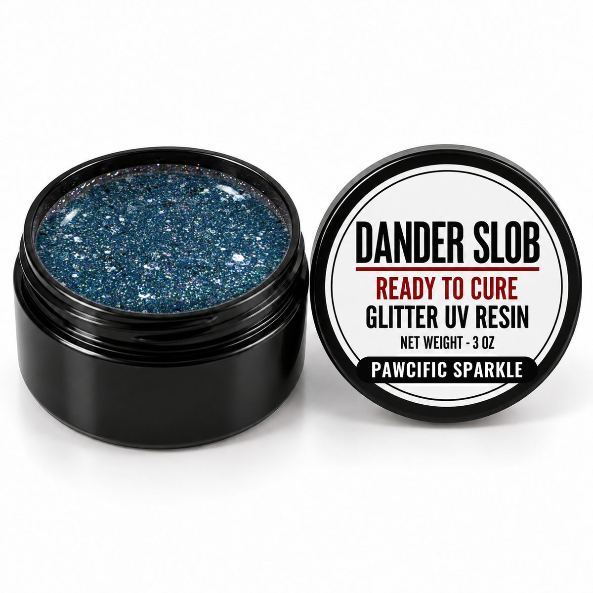 Craft Bully Dander Slob Pawcific Sparkle glitter UV resin in a 3 oz black jar.