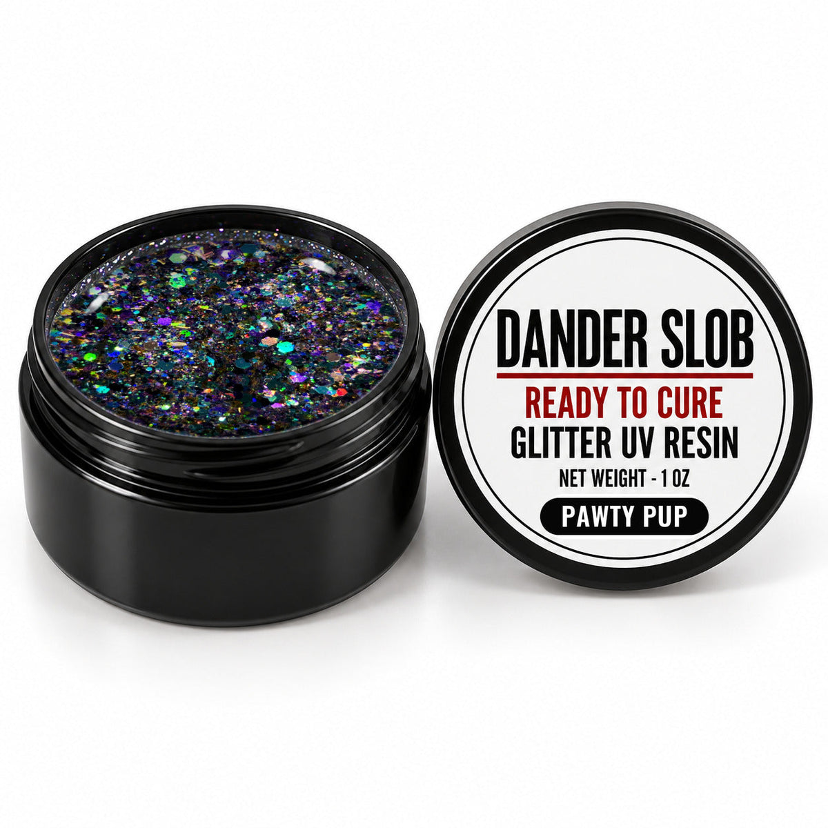 Craft Bully Dander Slob Pawty Pup glitter UV resin in a 1 oz black jar.