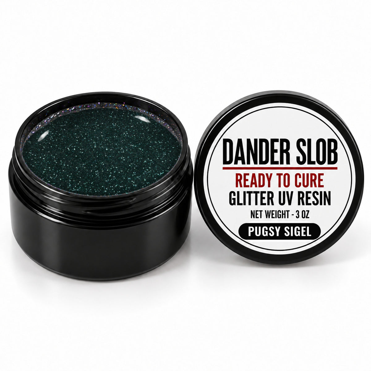 Craft Bully Dander Slob Pugsy Sigel glitter UV resin in a 3 oz black jar.