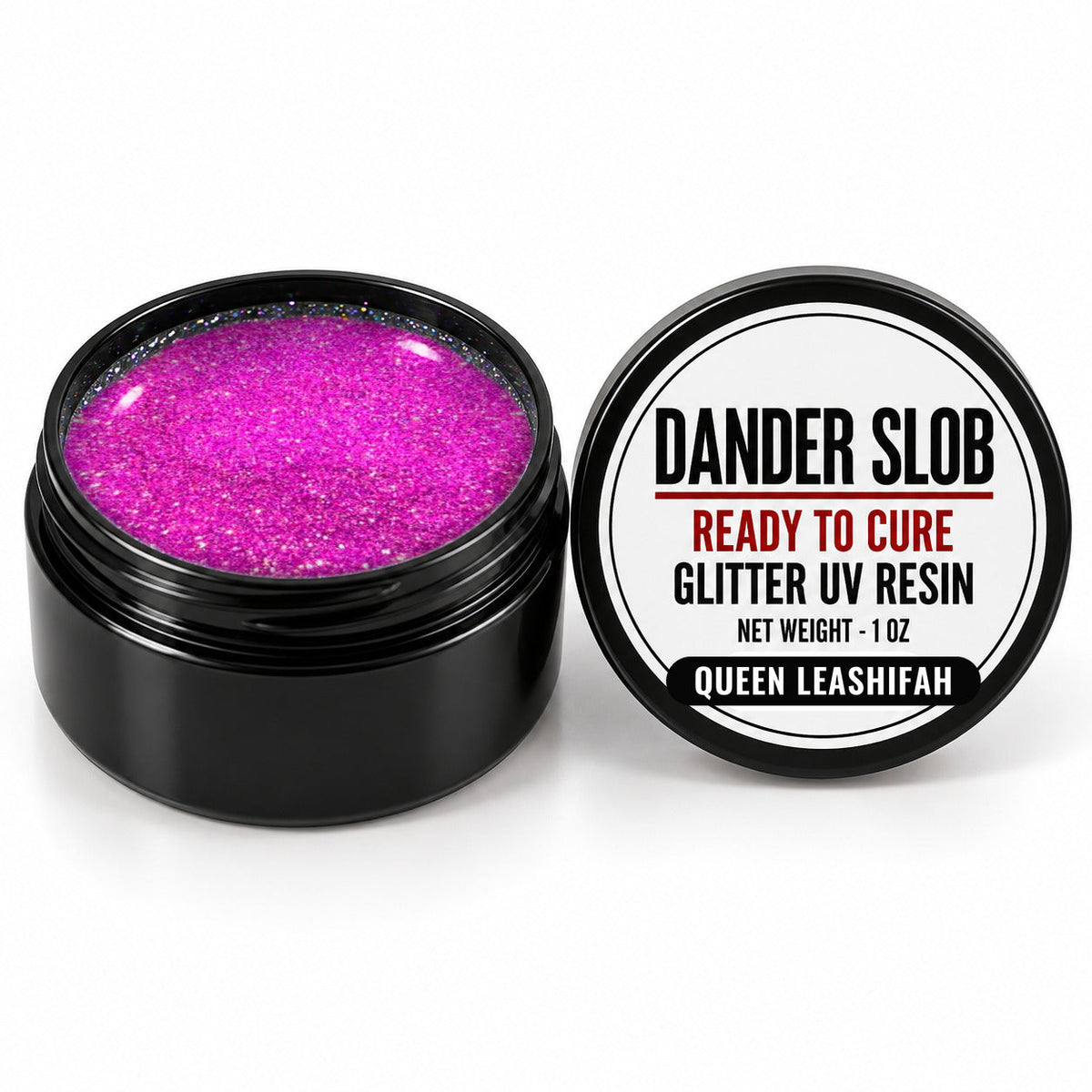Craft Bully Dander Slob Queen Leashifah glitter UV resin in a 1 oz black jar.