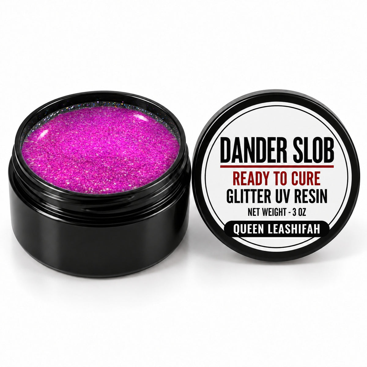 Craft Bully Dander Slob Queen Leashifah glitter UV resin in a 3 oz black jar.
