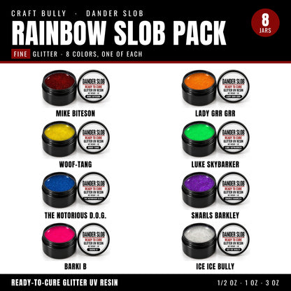 Craft Bully Dander Slob Rainbow Slob Pack in fine glitter, 8 jars of ready-to-cure UV resin in rainbow colors.