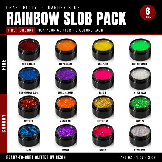 Craft Bully Dander Slob Rainbow Slob Pack showing all 16 glitter UV resin colors, 8 fine and 8 chunky, in black jars.
