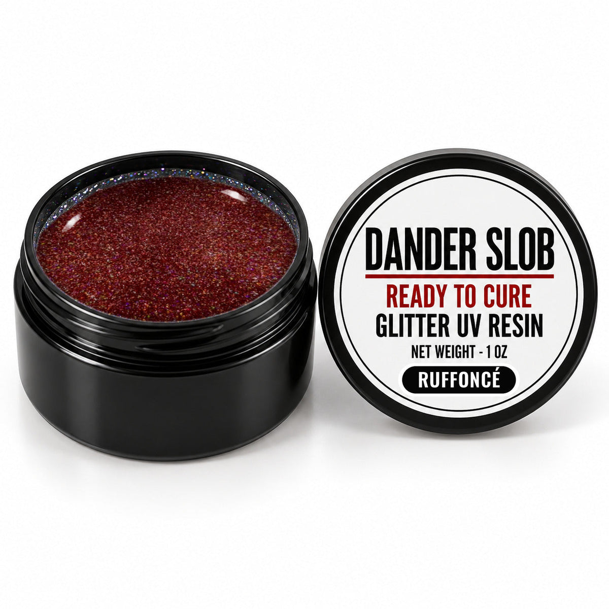 Craft Bully Dander Slob Ruffoncé glitter UV resin in a 1 oz black jar.