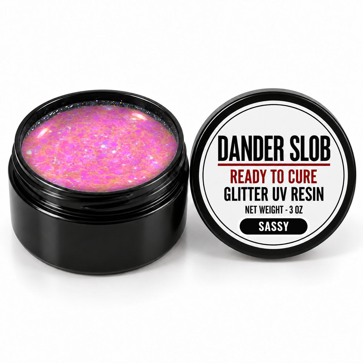 Craft Bully Dander Slob Sassy glitter UV resin in a 3 oz black jar.
