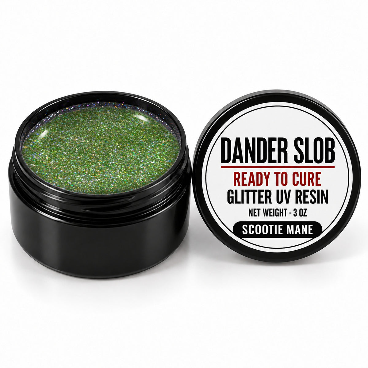 Craft Bully Dander Slob Scootie Mane glitter UV resin in a 3 oz black jar.
