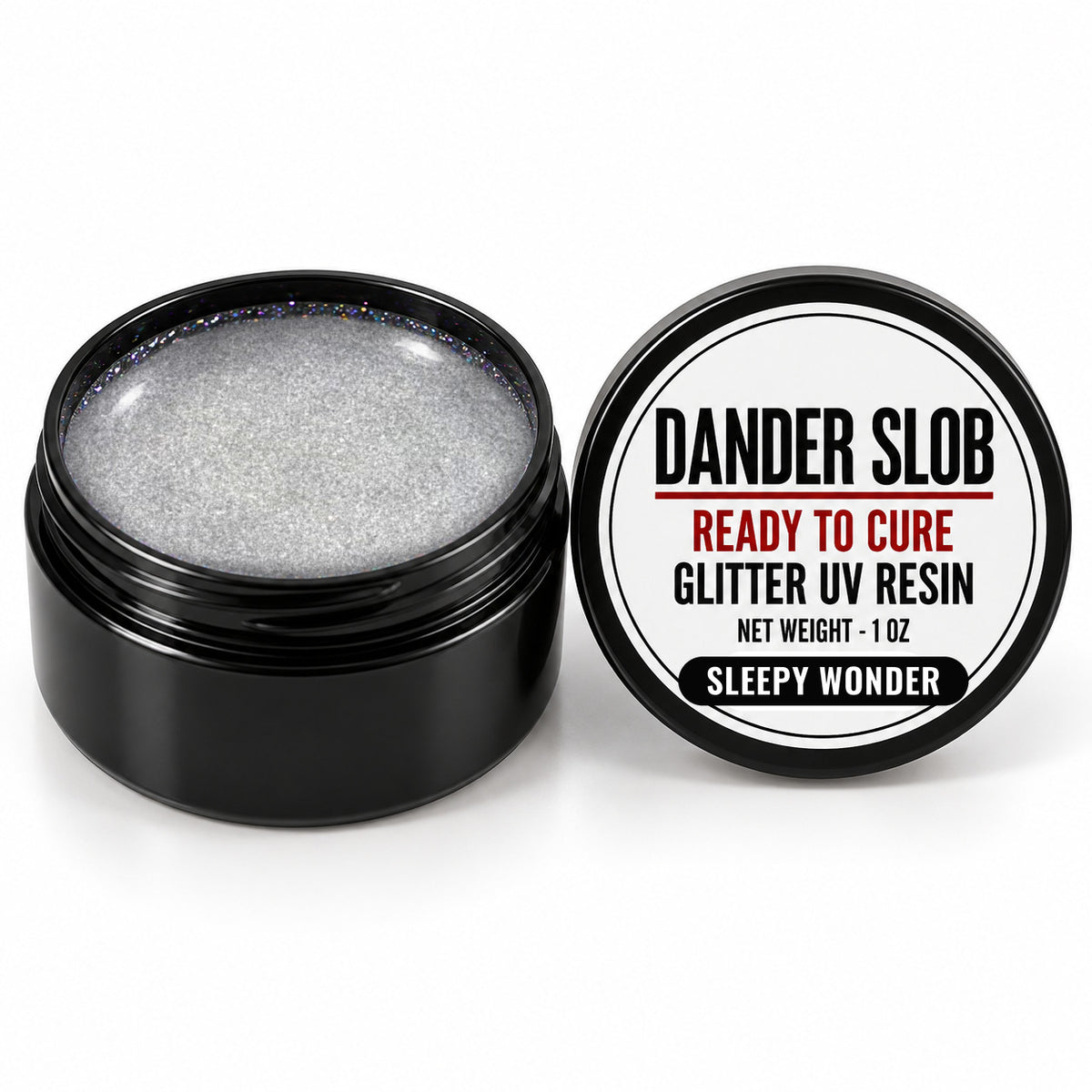 Craft Bully Dander Slob Sleepy Wonder glitter UV resin in a 1 oz black jar.