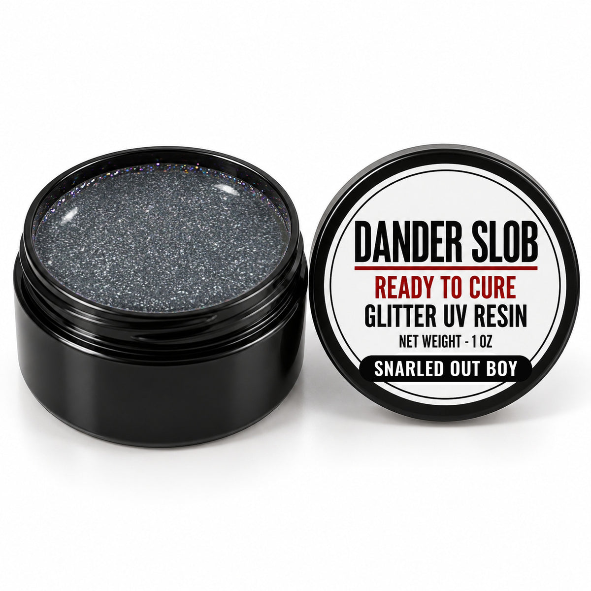 Craft Bully Dander Slob Snarled Out Boy glitter UV resin in a 1 oz black jar.