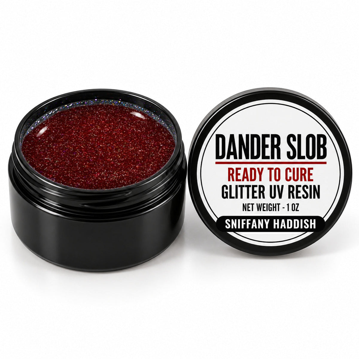 Craft Bully Dander Slob Sniffany Haddish glitter UV resin in a 1 oz black jar.