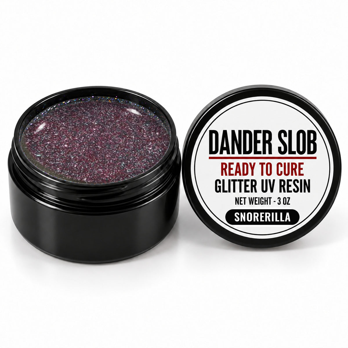 Craft Bully Dander Slob Snorerilla glitter UV resin in a 3 oz black jar.