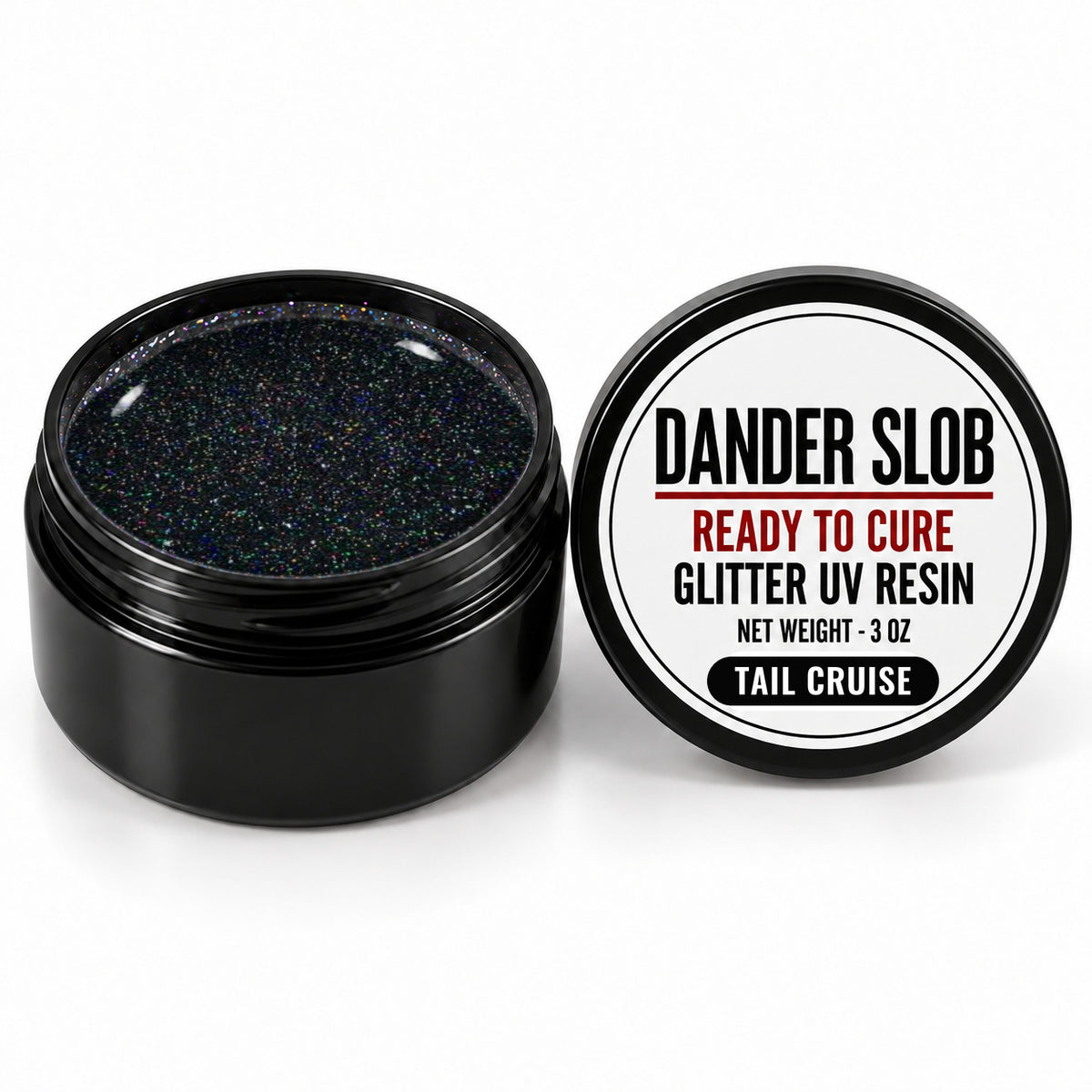 Craft Bully Dander Slob Tail Cruise glitter UV resin in a 3 oz black jar.