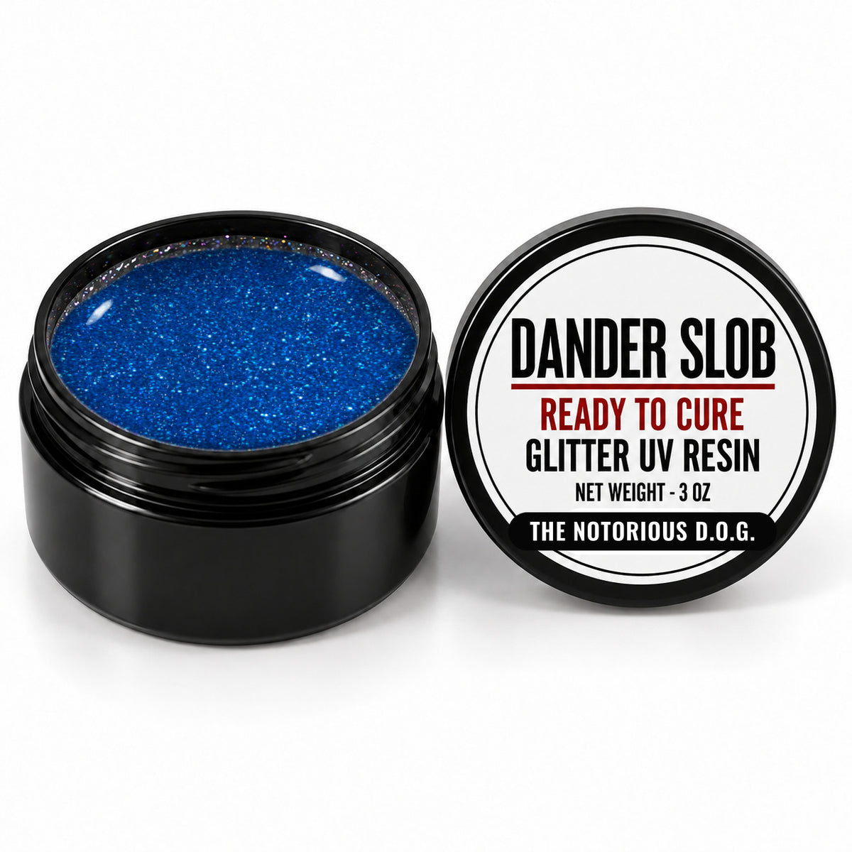 Craft Bully Dander Slob The Notorious D.O.G. glitter UV resin in a 3 oz black jar.