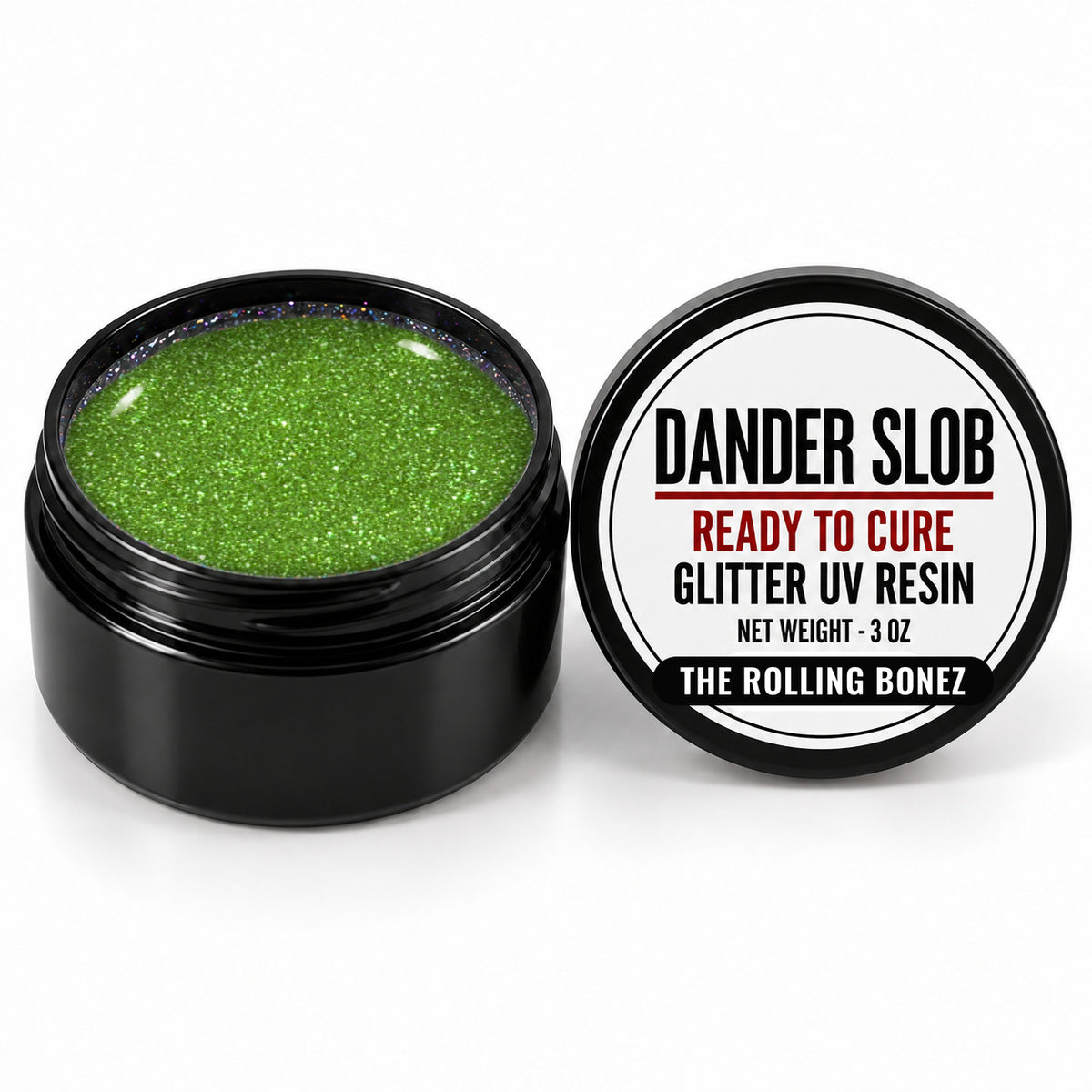 Craft Bully Dander Slob The Rolling Bonez glitter UV resin in a 3 oz black jar.