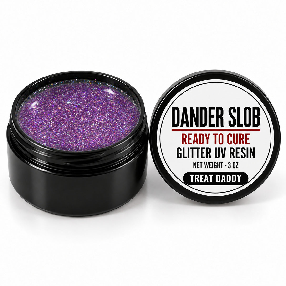 Craft Bully Dander Slob Treat Daddy glitter UV resin in a 3 oz black jar.