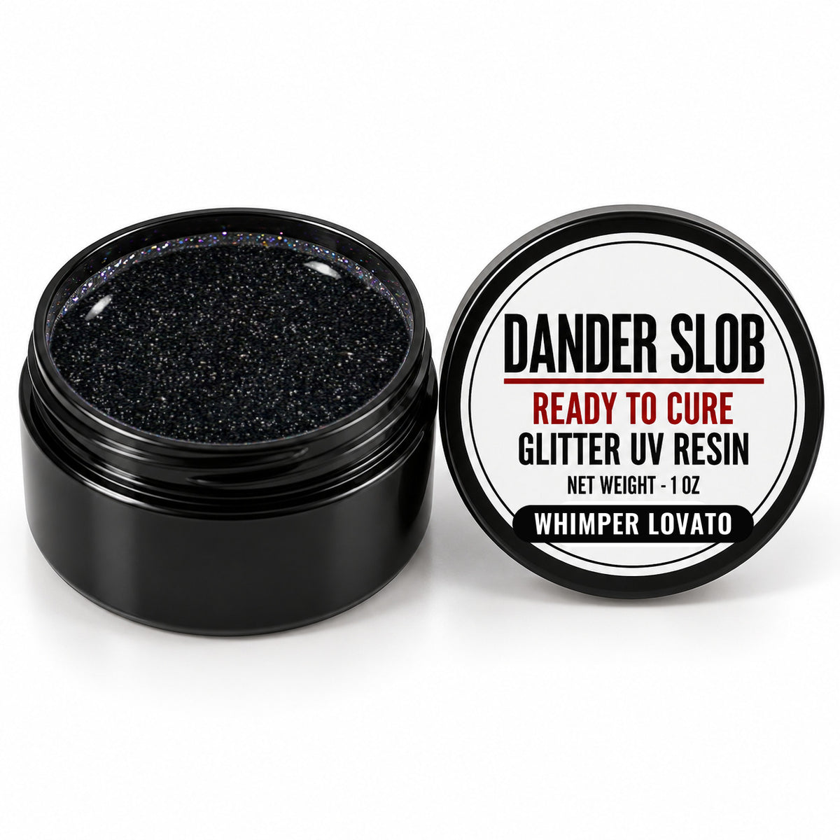 Craft Bully Dander Slob Whimper Lovato glitter UV resin in a 1 oz black jar.