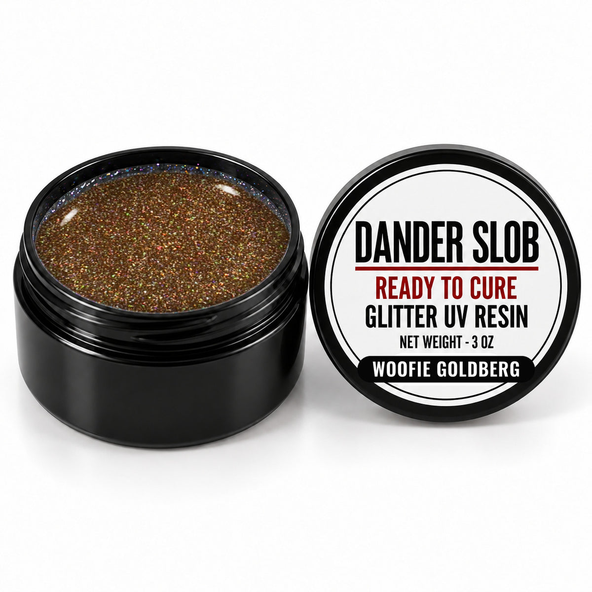 Craft Bully Dander Slob Woofie Goldberg glitter UV resin in a 3 oz black jar.