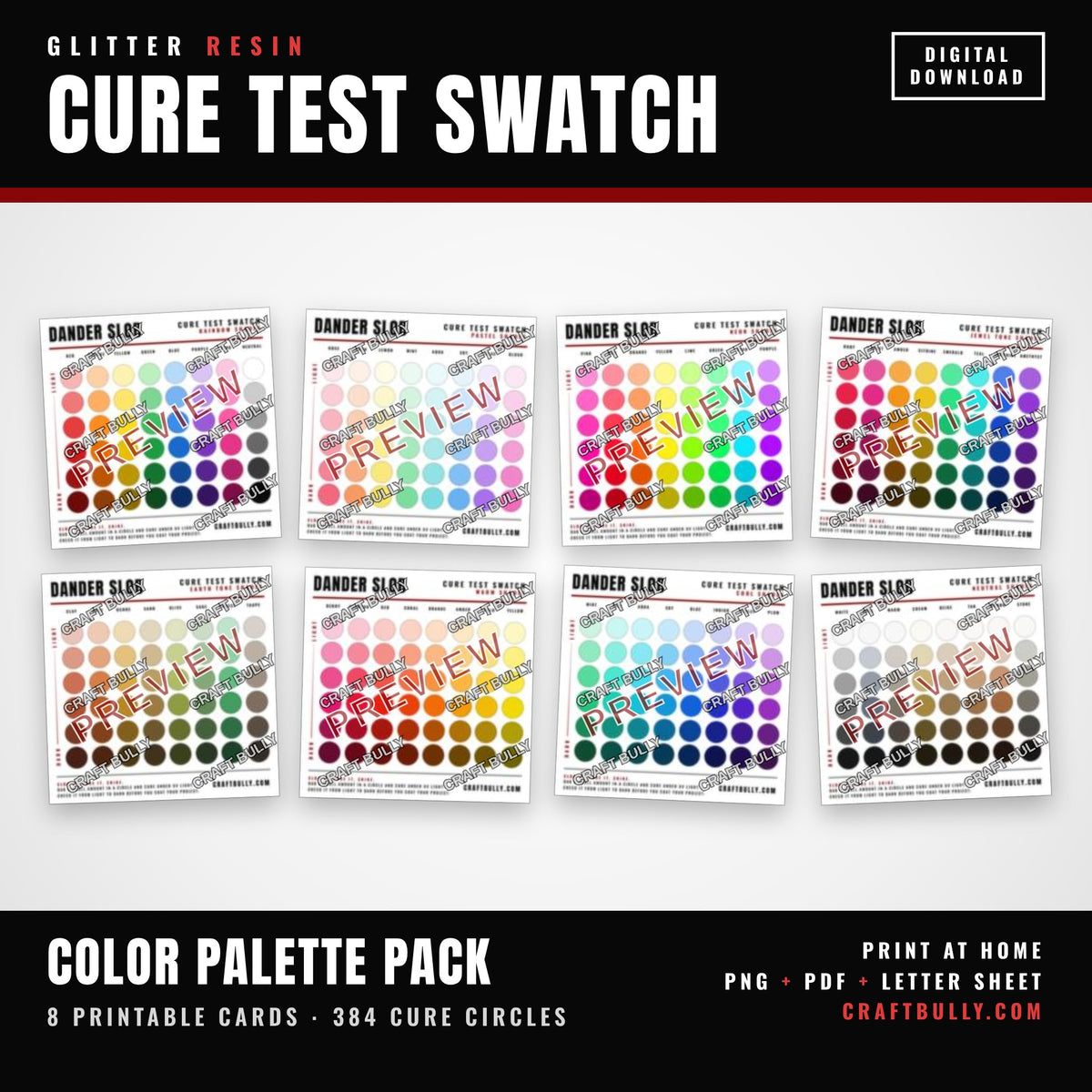 Glitter Resin Cure Test Swatch Color Palette Pack showing 8 printable cards, watermarked preview.