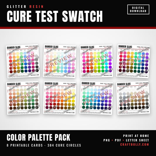Glitter Resin Cure Test Swatch Color Palette Pack showing 8 printable cards, watermarked preview.