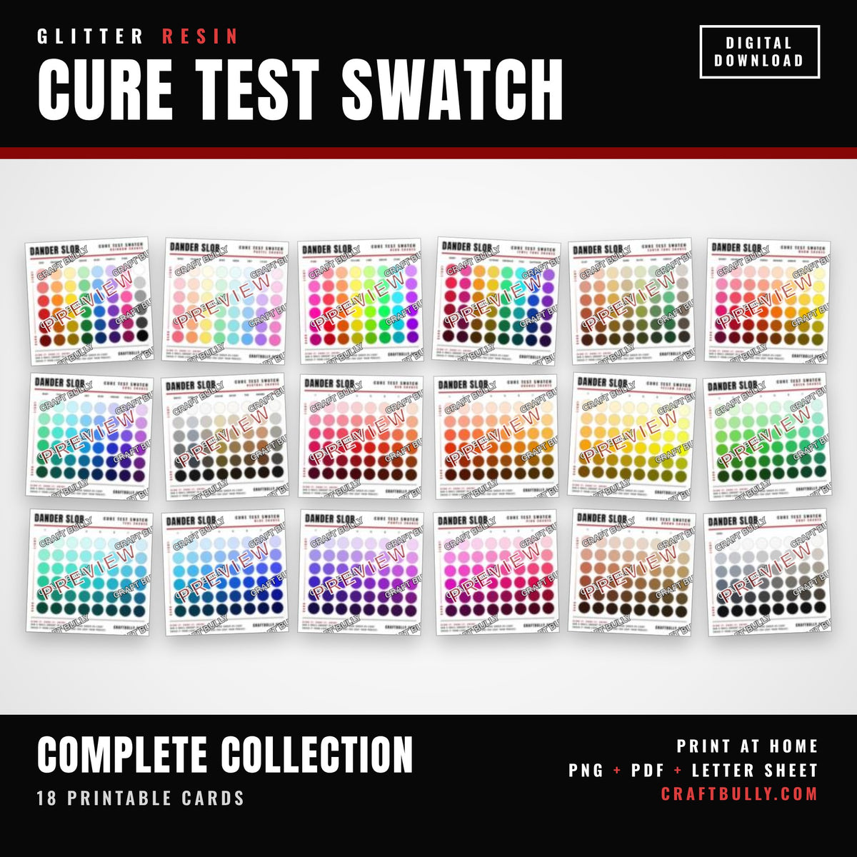 Glitter Resin Cure Test Swatch Complete Collection showing all 18 printable cards, watermarked preview.