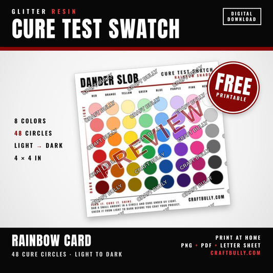 Glitter Resin Cure Test Swatch free printable Rainbow card with 48 cure circles from light to dark, watermarked preview.