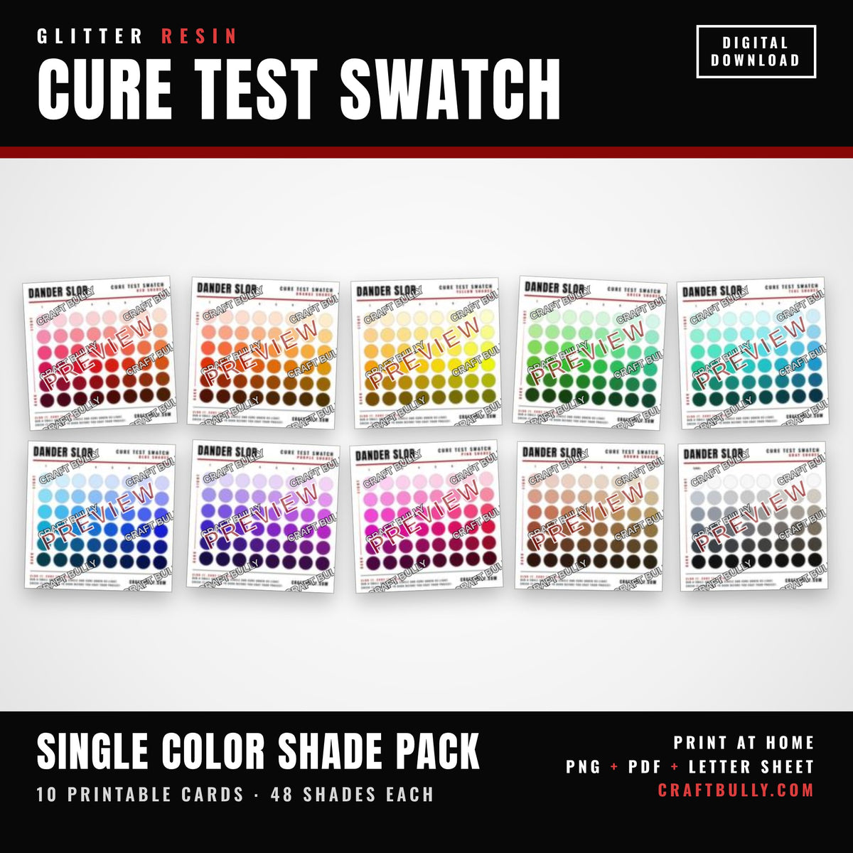 Glitter Resin Cure Test Swatch Single Color Shade Pack showing 10 printable cards, watermarked preview.